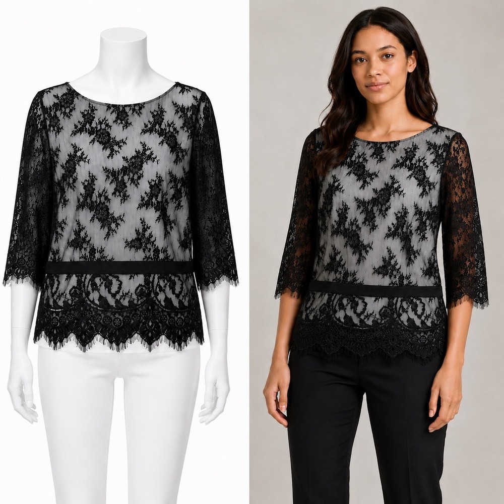 Ann Taylor Blouse Women 18 Black Lace Top Floral Eyelash Trim 3/4 Sleeve Lined